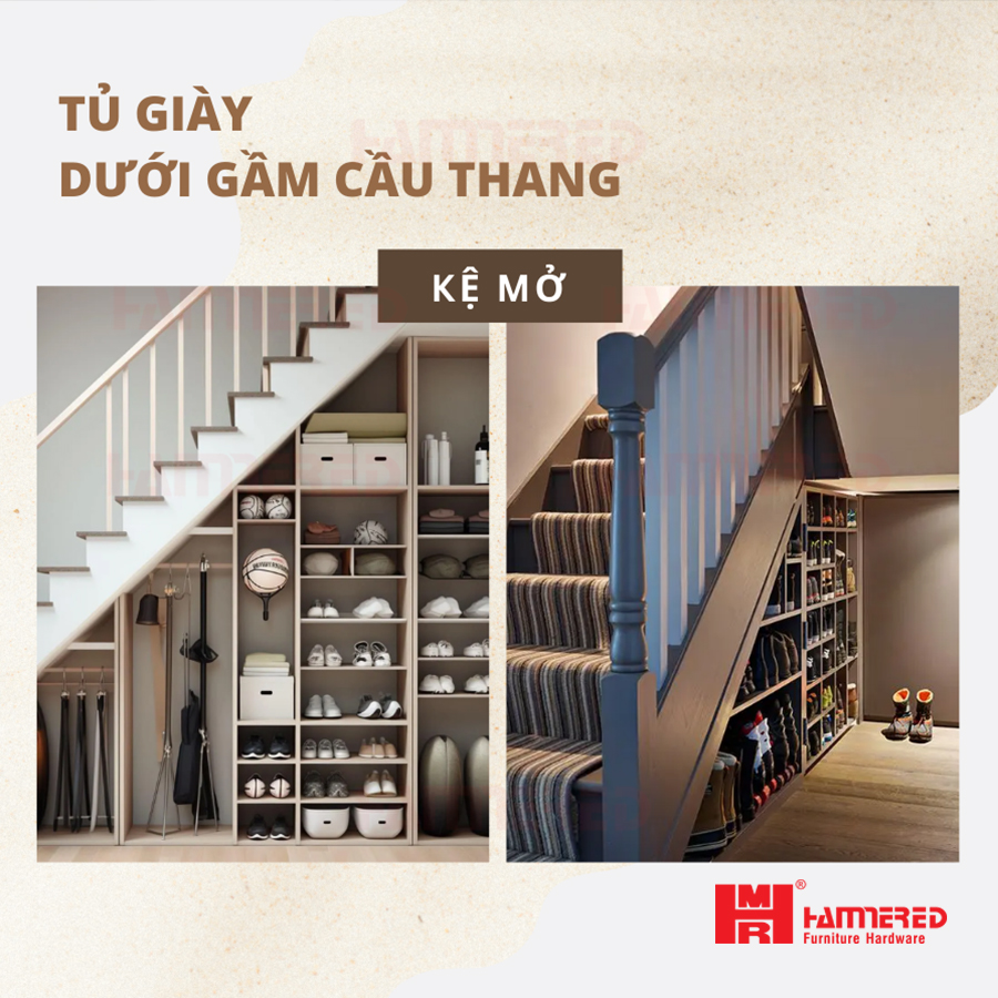 Tủ Giày Gầm Cầu Thang dạng kệ mở