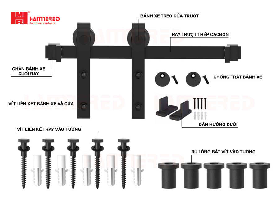 Bộ Phụ Kiện Ray Trượt Cửa Lùa Barn Door Kiểu Mỹ HMR 1009