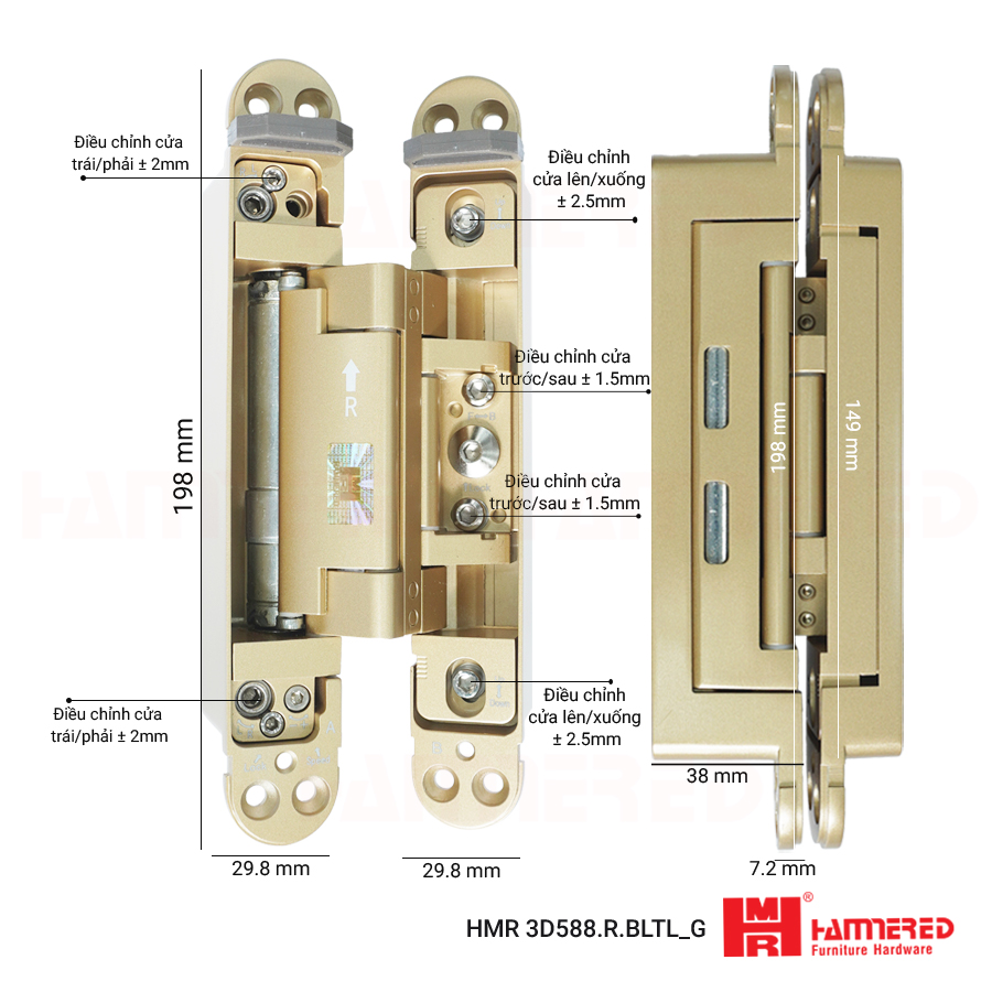 bản lề âm cửa điều chỉnh 3 chiều HMR 3D588