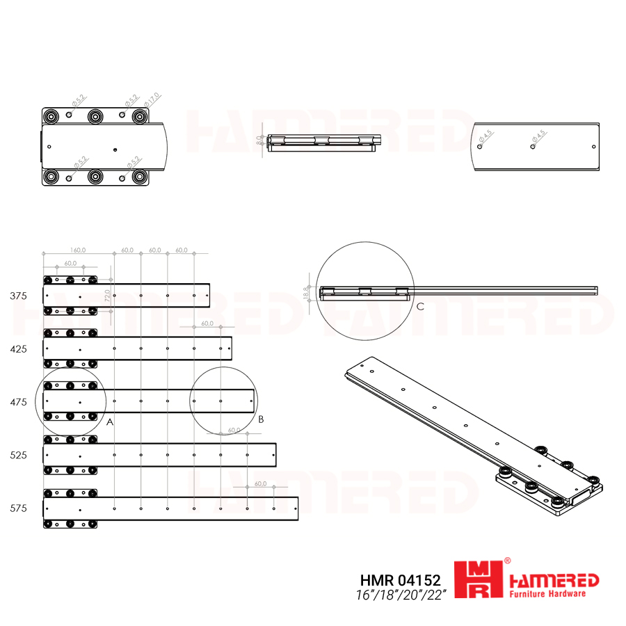 Phụ kiện nội thất Hammered phân phối ray trượt bánh xe lắp đáy với nhiều kích thước 